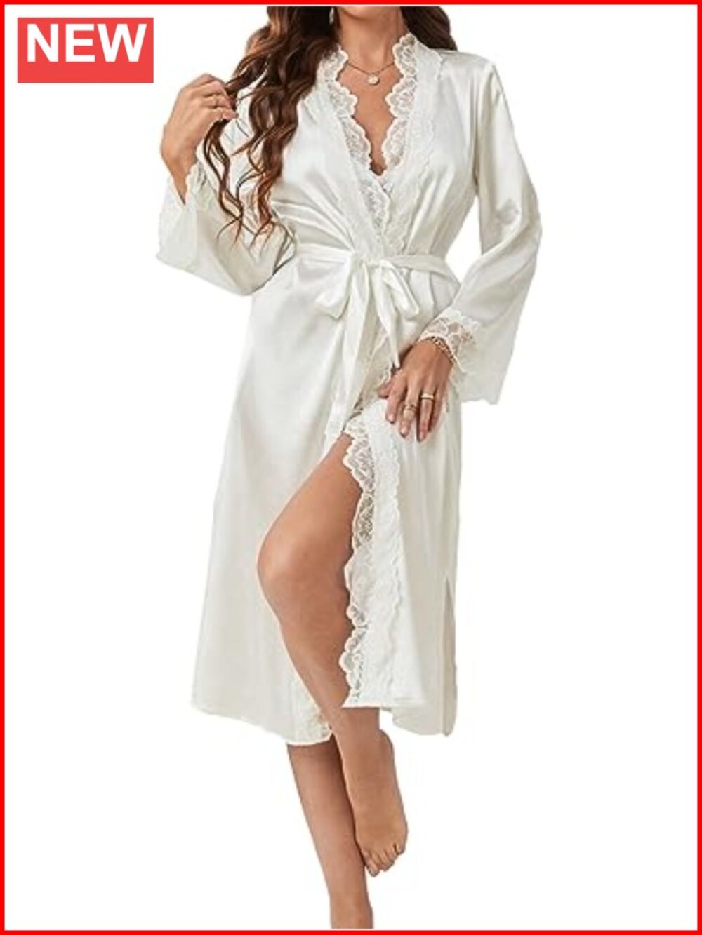 Satin Lace Trim Belted Robe Long Sleeve Open Front Bride Wedding